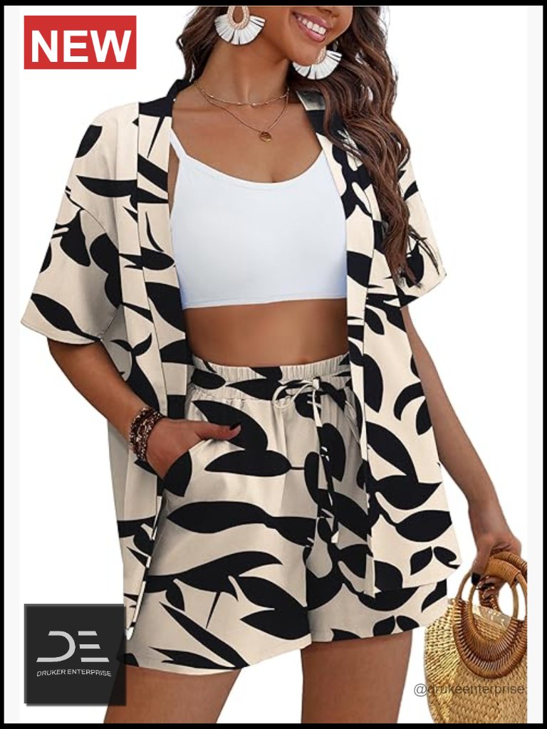 2 Piece Hawaiian Tropical Swimsuit Cover Up Kimono Set With Shorts Pockets S-Xl